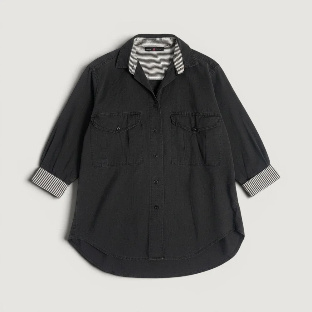 Desert Rose Black Cotton Button Down Shirt Striped Trim Utility Top M